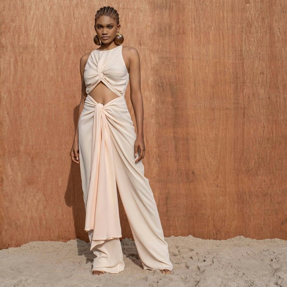 Andrea Iyamah Aminata Cutout Crepe Wide-Leg Jumpsuit Champagne Size Medium NWT